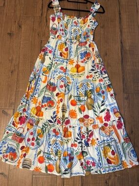 August Sky White Maxi Sundress with Colorful Floral & Fruit Print S
